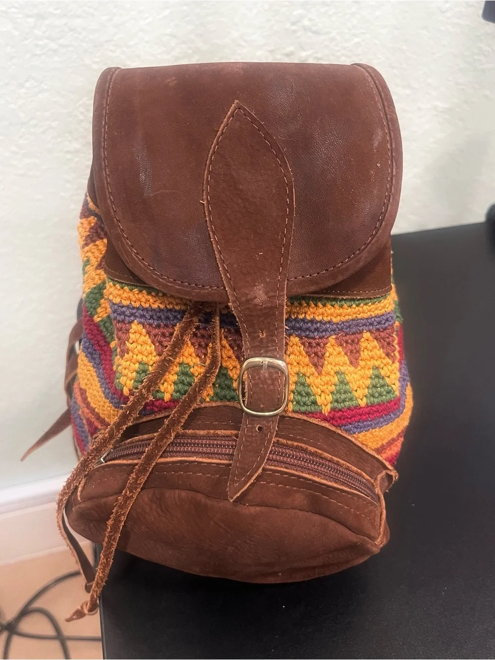 Handcrafted Multicolor Knit & Brown Suede and Leather Women's Small Backpack